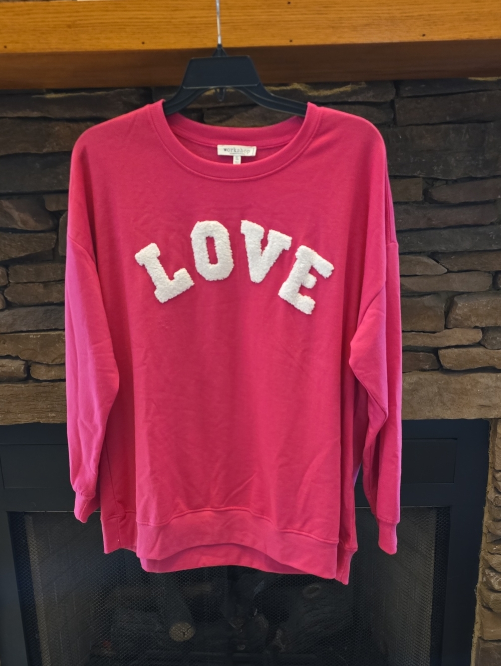 Workshop Republic Clothing Hot Pink Crewneck Sweatshirwith White 'LOVE' Appliqué